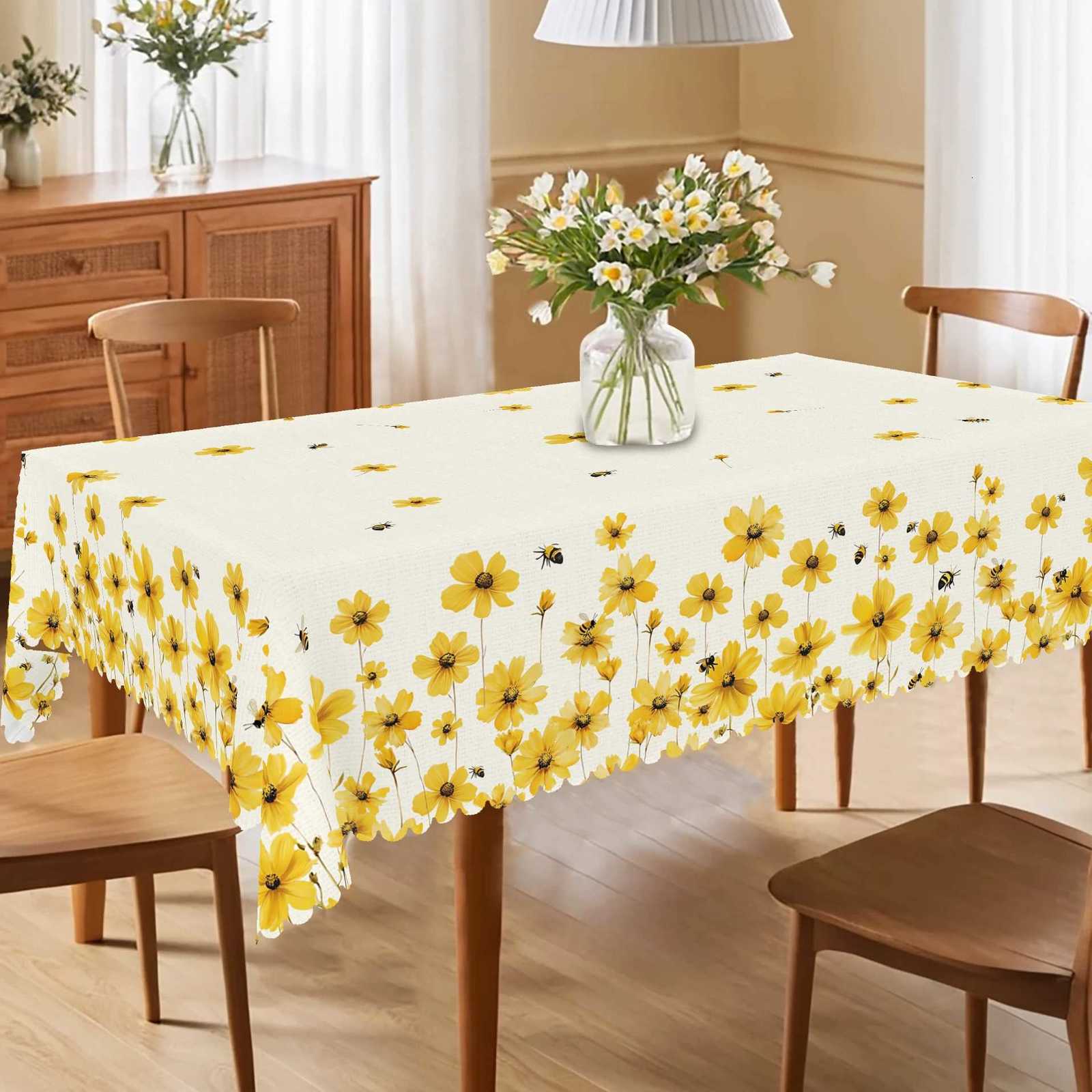 1 Piece of Spring and Summer FloralThemedR ounda ndR ectangularT ableclothsA vailablei nV ariousS izesY ellowD aisya ndB eeP atternP rintingD esignR C