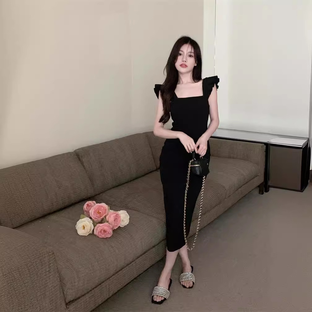 XX5135 High quality tea break flying sleeve pink suspender dress female summer temperament gentle