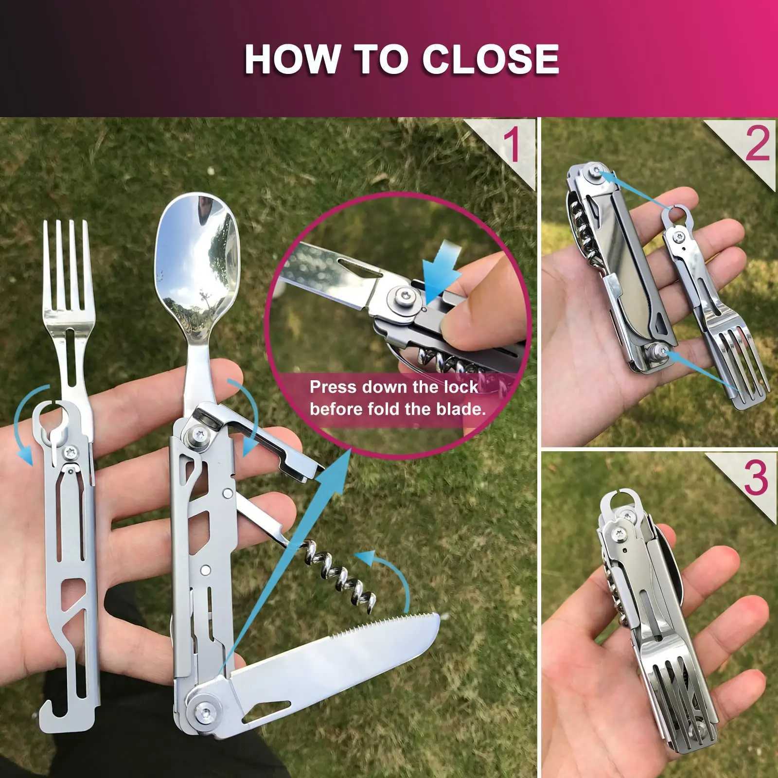 1 pc 6 in 1 Multifunctional Folding Outdoor Tableware Camping Portable Meal Knife Fork Spoon Bottle Outdoor Camping Cookware J251121