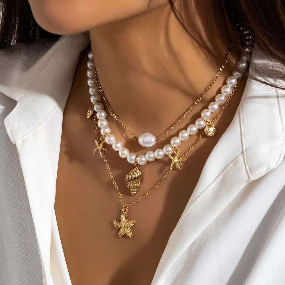 DHCollections Summer Beach Sea Wind Shell Conch Fringe Multi-Layer Polymer Clay Glass Seed Bead Natural Stone Necklace Jewelry for Women