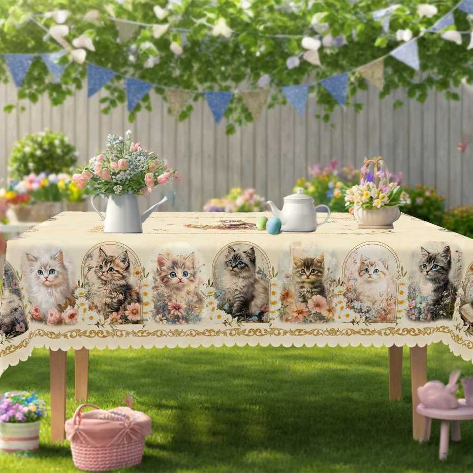 1 Piece of Spring Golden Retro Cat Print Round Tablecloth Cute Cat Flower Pattern Rectangular Decorative Tablecloth Party Decoration Home Kitchen C251
