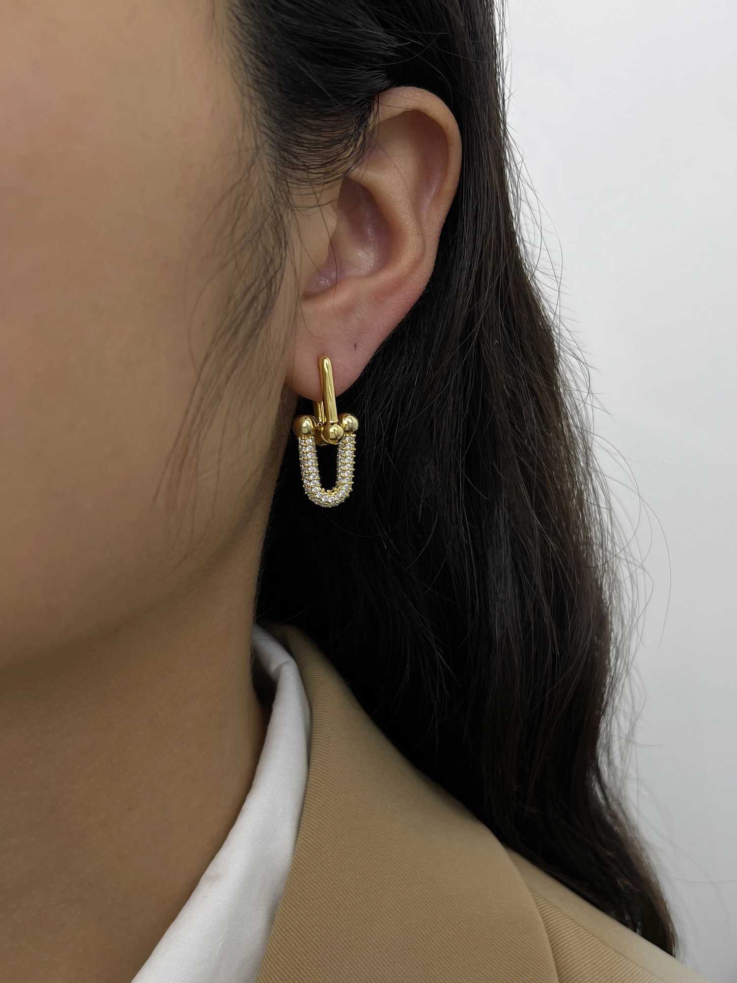 Perisbox statement Gold plated block U-shaped chain ring earrings with inlaid cubic zirconia fashionable accessoriesXJ250421