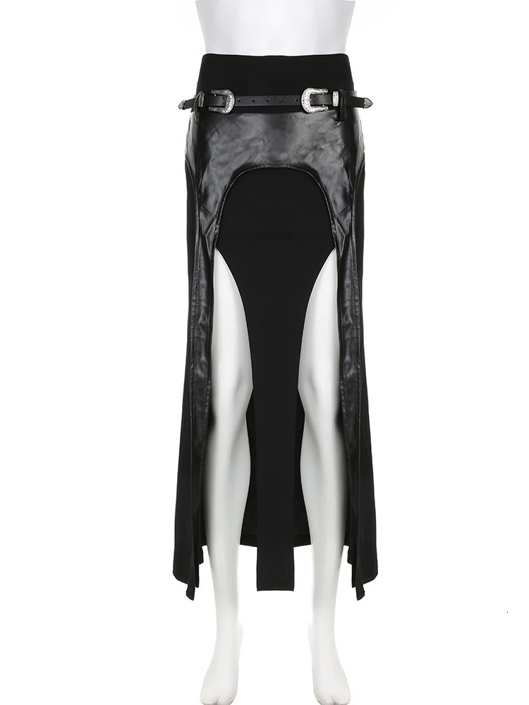 Rockmore Fashion PU Belt Competition Long Womens Gothic Street Clothing High Waist DC Su Seam Midi Ski Sexy Dress 250422