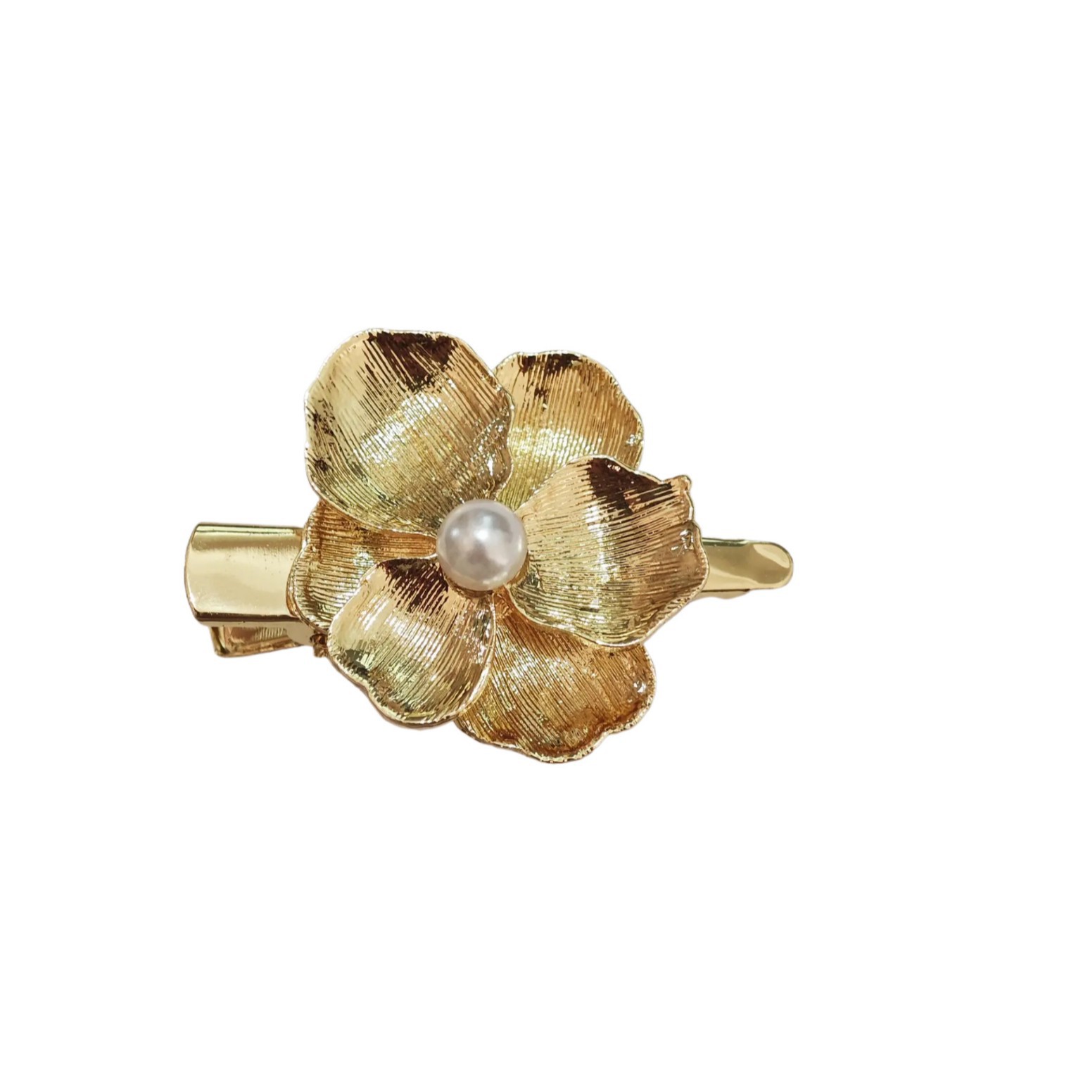 Elegant Gold Tone Flower Hair Clip Women's Fashion Accessory Pearl Accented Hair Barrette for Stylish Updos and Casual Hairstyles