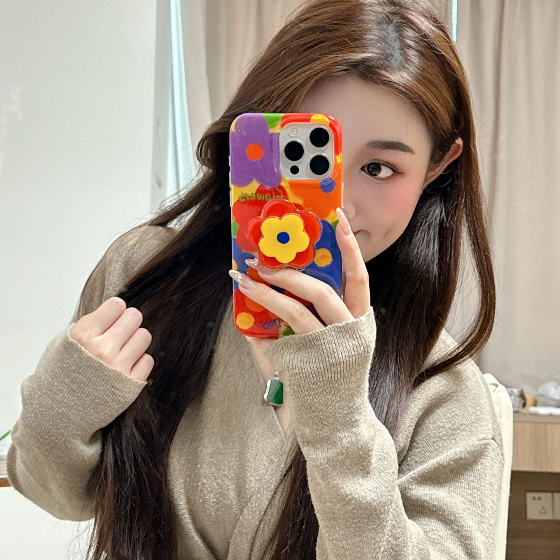 Oil Painting Colorful Flowers Phone Case Compatible iPhone 16/15 Pro Max Stand Full Coverage Protective Case for Women