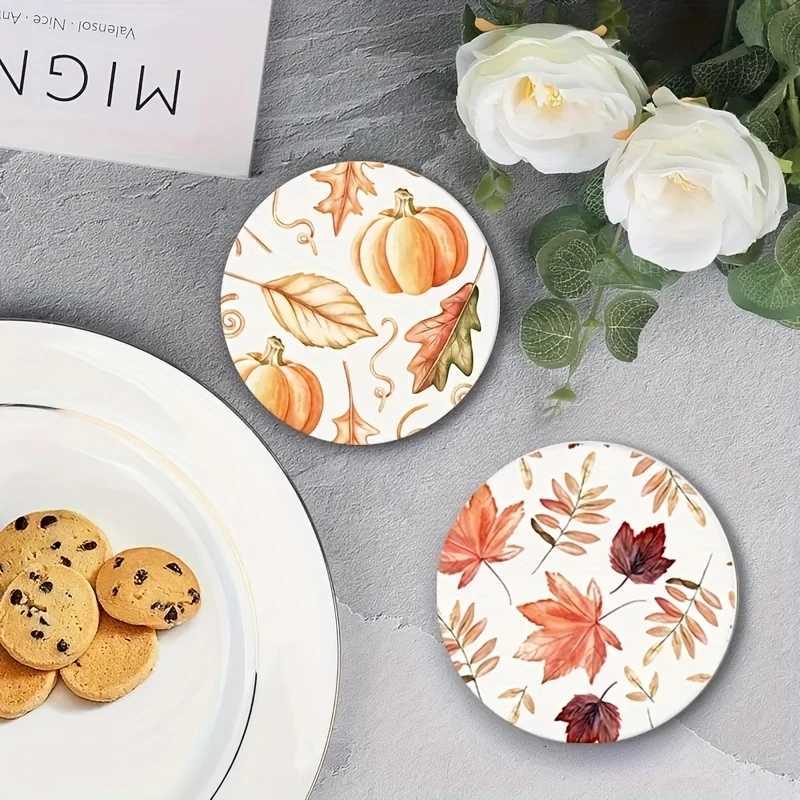 6/12pcs 4in Golden Pumpkin Leaf Colour Printing Wooden Coasters Anti-slip Round Autumn Home Cafe Bar Halloween Decoration Gift C251122