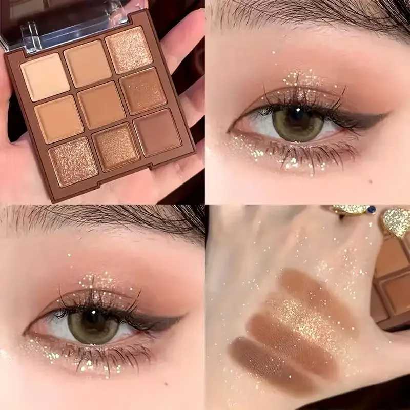 Chocolate eyeshadow Palette - 9 shades of natural brown gold with glitter matte effects lasting eye makeup Korean makeupT251122