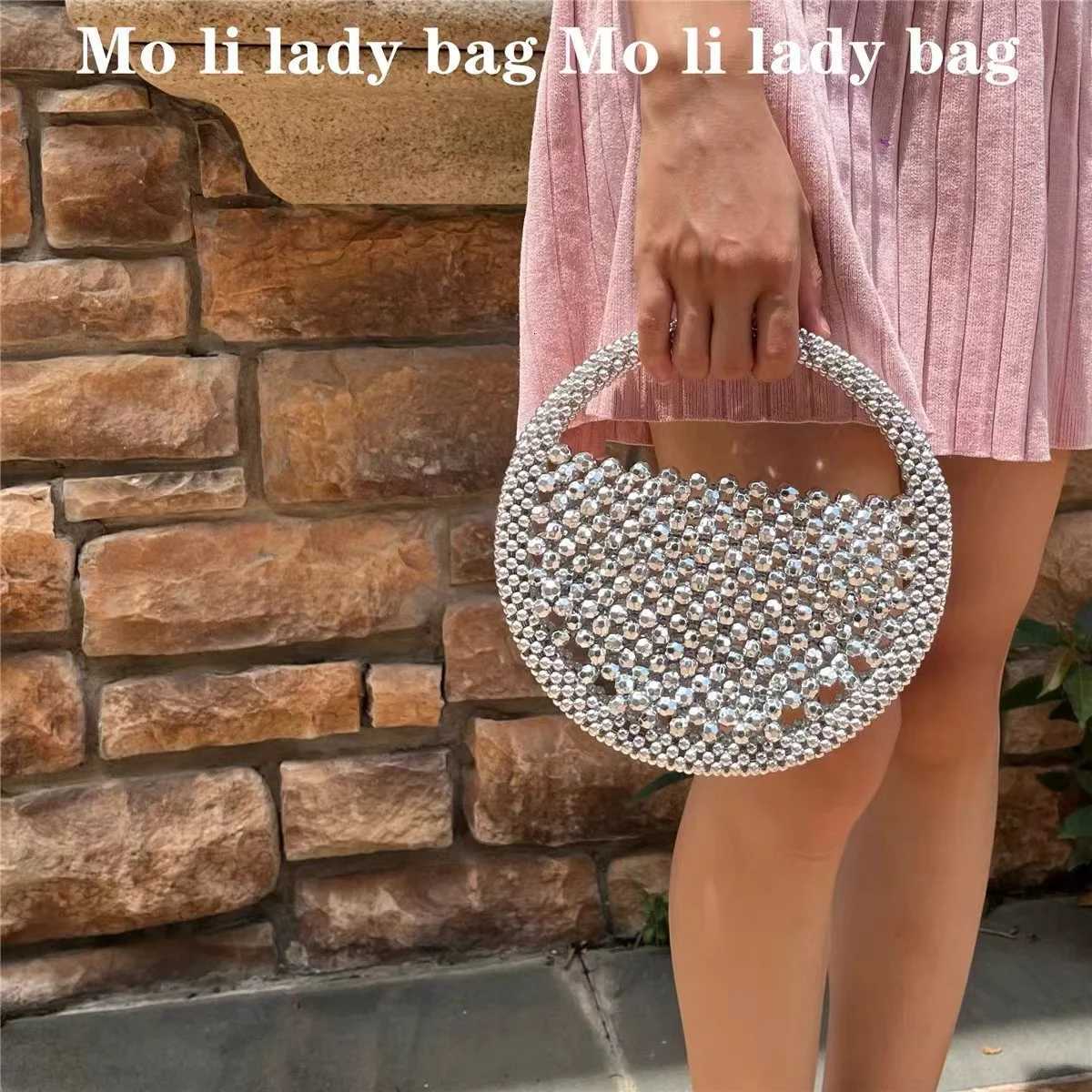Shiny Beads Beading Woven Handmade Circular Bag Women Fashion Handbag Hollow Out Casual Bag Female Shoulder Bag Mobile Phone Bag K251121