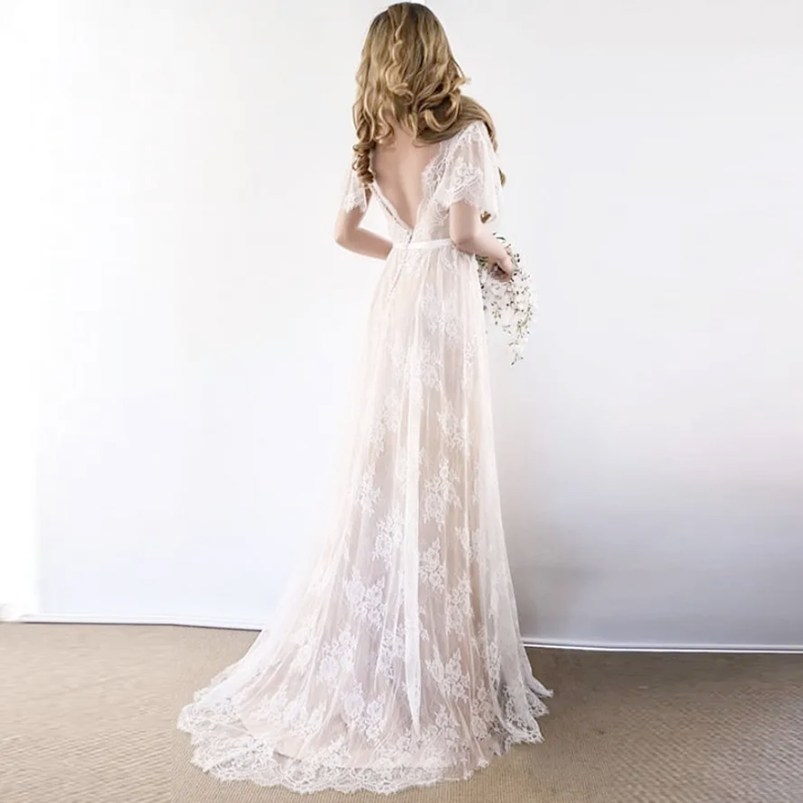 New Boho Wedding Dress 2026 V Neck Cap Sleeve Lace Beach Wedding Gown Cheap Backless Custom Made Bride Dresses robe de mariage ZJ1504