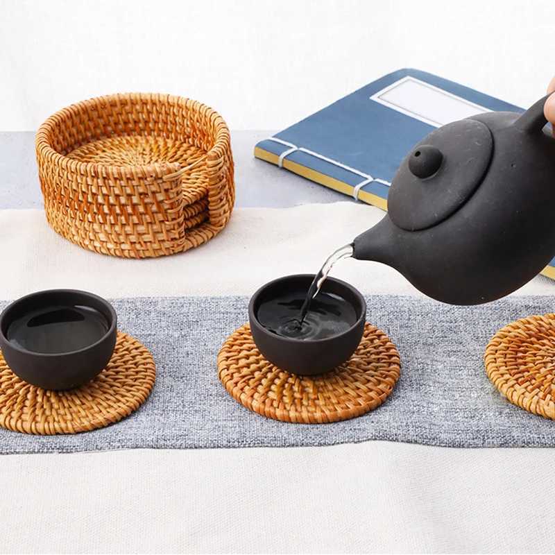 6Pcs Rattan Coasters Tableware Mats Handmade Tea Ceremony Tableware Set Japan Style Sado Supplies INS Style Desktop Decorations C2511222