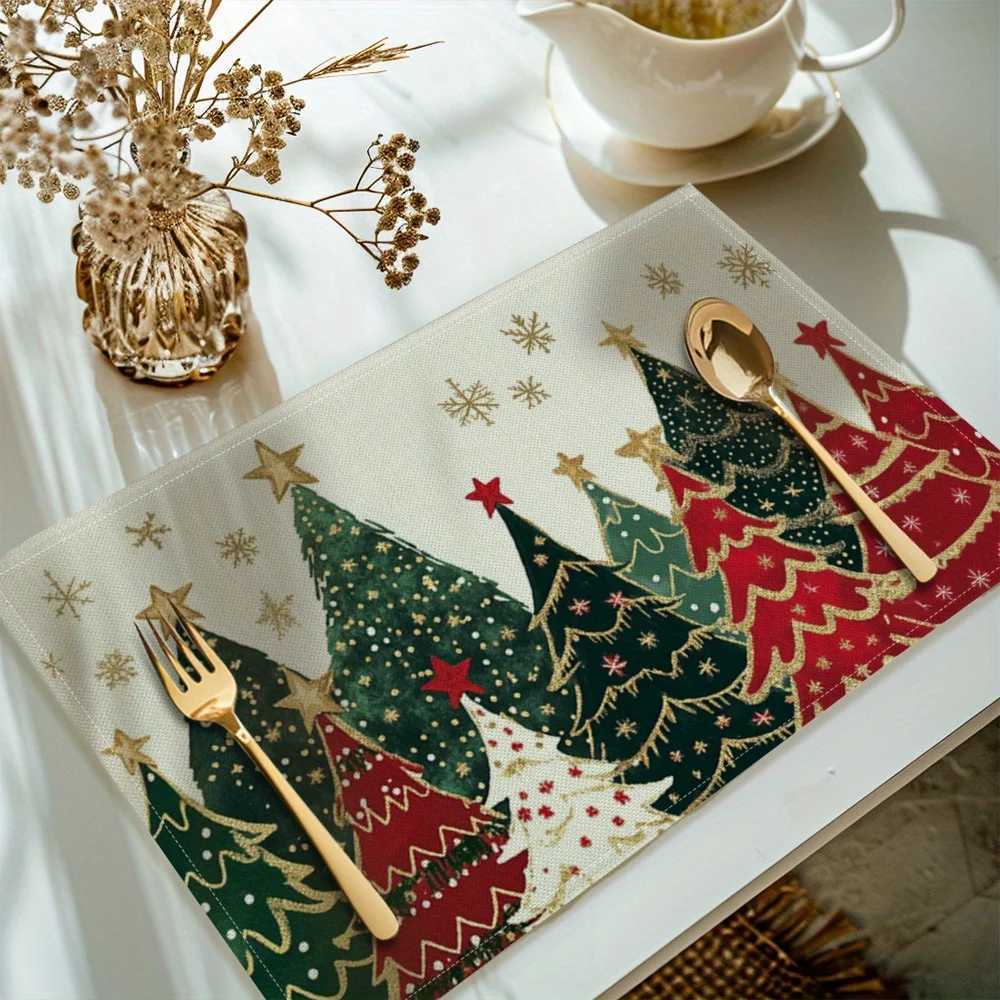 VIKAMA 4/6/8/10Pcs Christmas Tree Printed Placemats Washable Kitchen Table Mats Christmas Decorative Placemats C251122