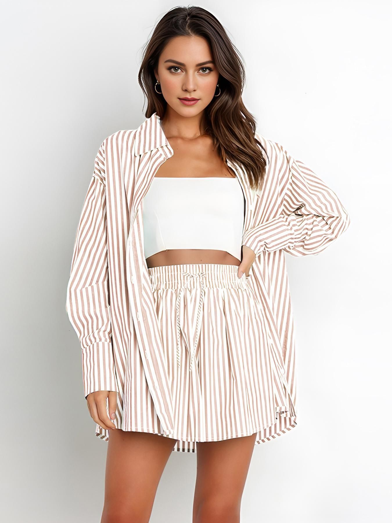 Women Tracksuits Two Pieces Set Spring Summer Temperament Commuter Casual Pants Set Fashion Shirt Stripe Long Sleeve Split Sportwear