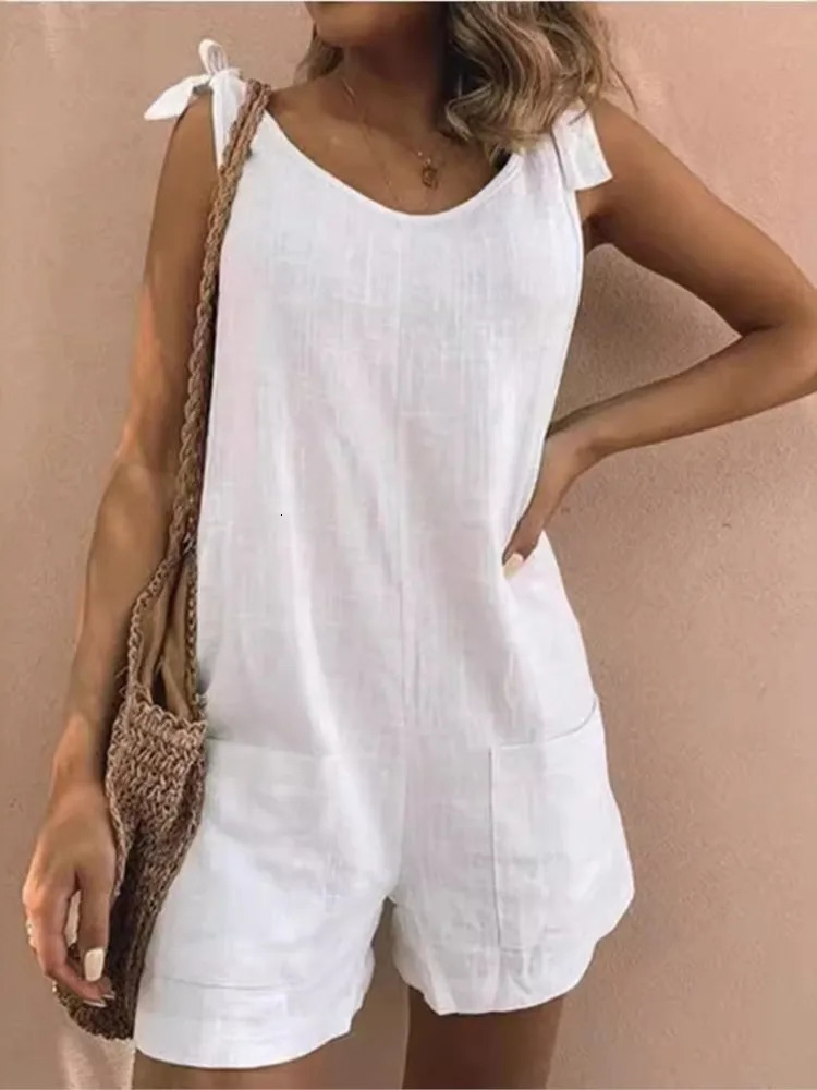Summer Solid Cotton Linen Playsuits Casual Loose Women Jumpsuits Fashion Lace -up O Neck Sleeveless Pocket Romper Female 250421