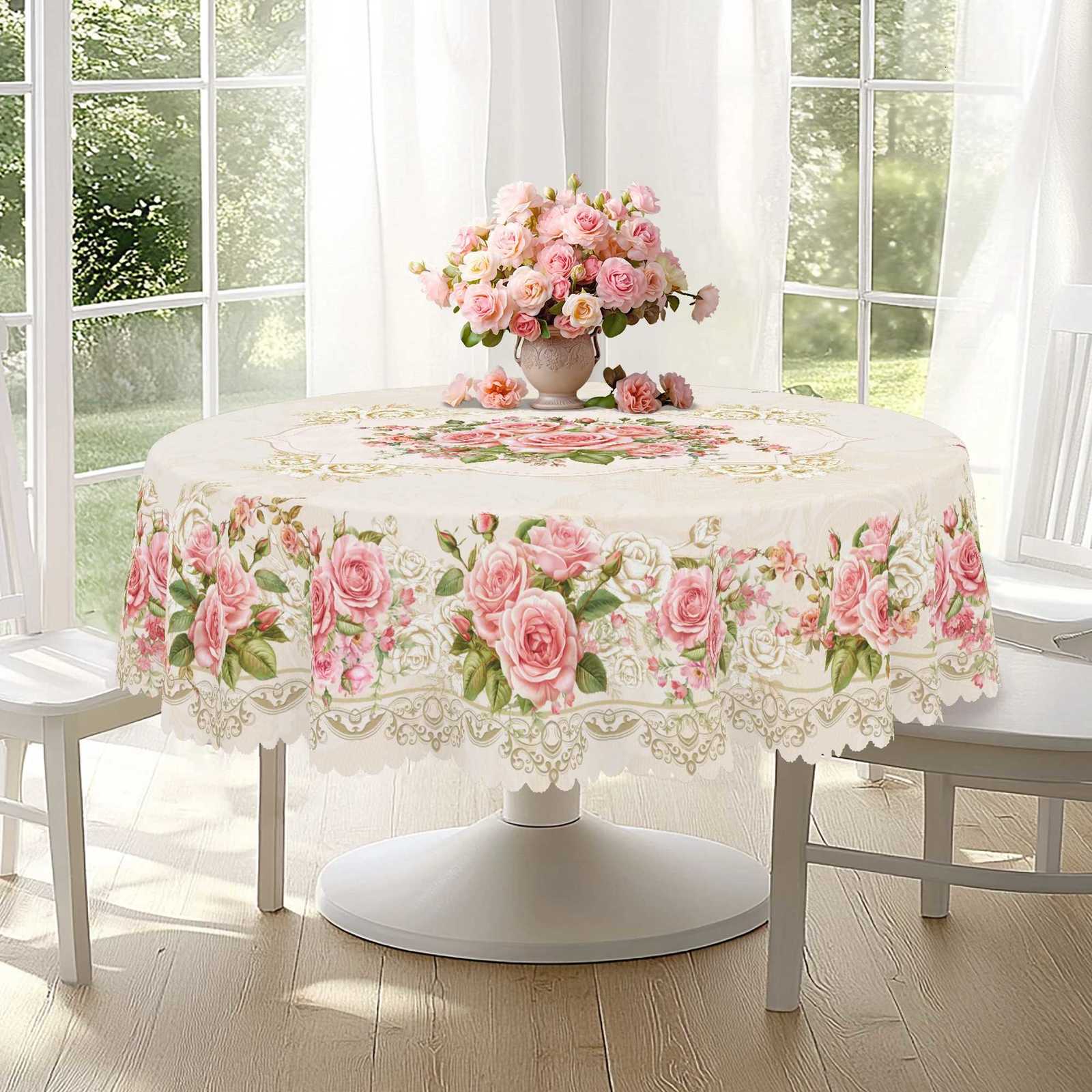 1 Piece of Floral Round Tablecloth 5 Sizes Available ThreeDimensionalP aintingS tyleF loralP atternP rintedT ableclothE dgeE mbossingP rocessS pringG 
