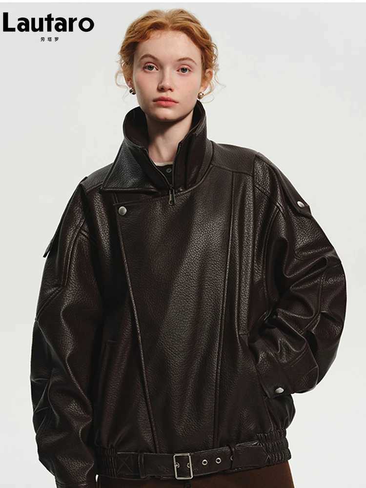 Lautaro Spring Autumn Cool Brown Oversized Pu Leather Jacket Women Long Sleeve Zip Up Luxury Designer American Retro Clothing X251122