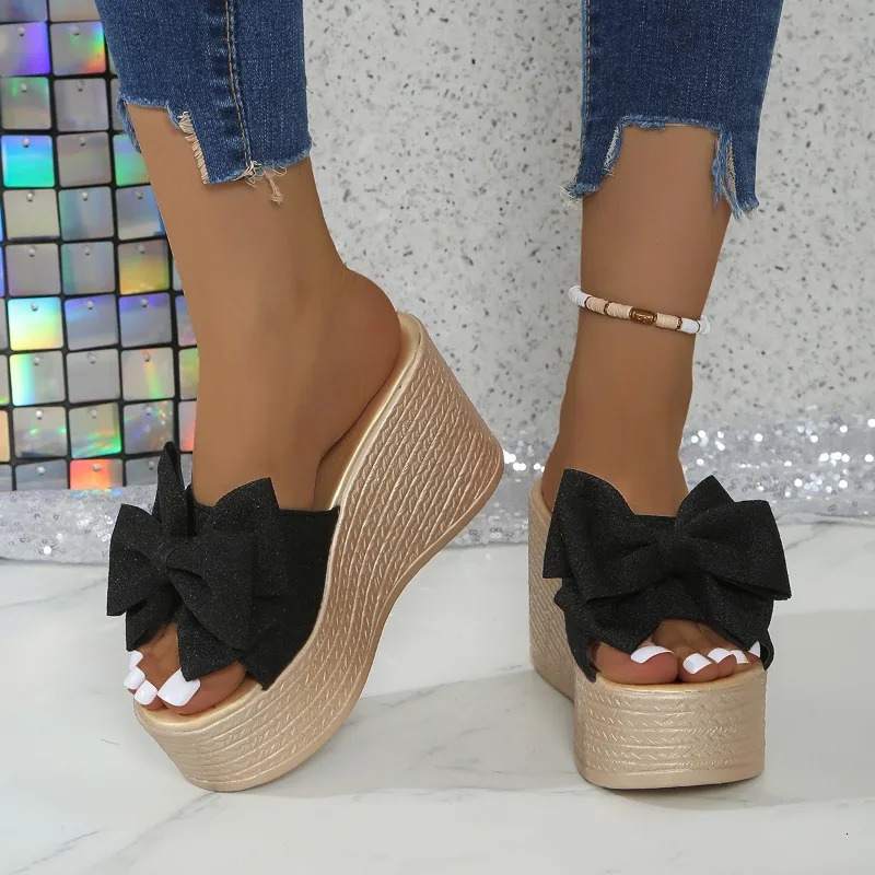 Sweet womens highheeled slippers slope heel bow summer comfortable and elegant thick soled shoes 250421BJ - view 4