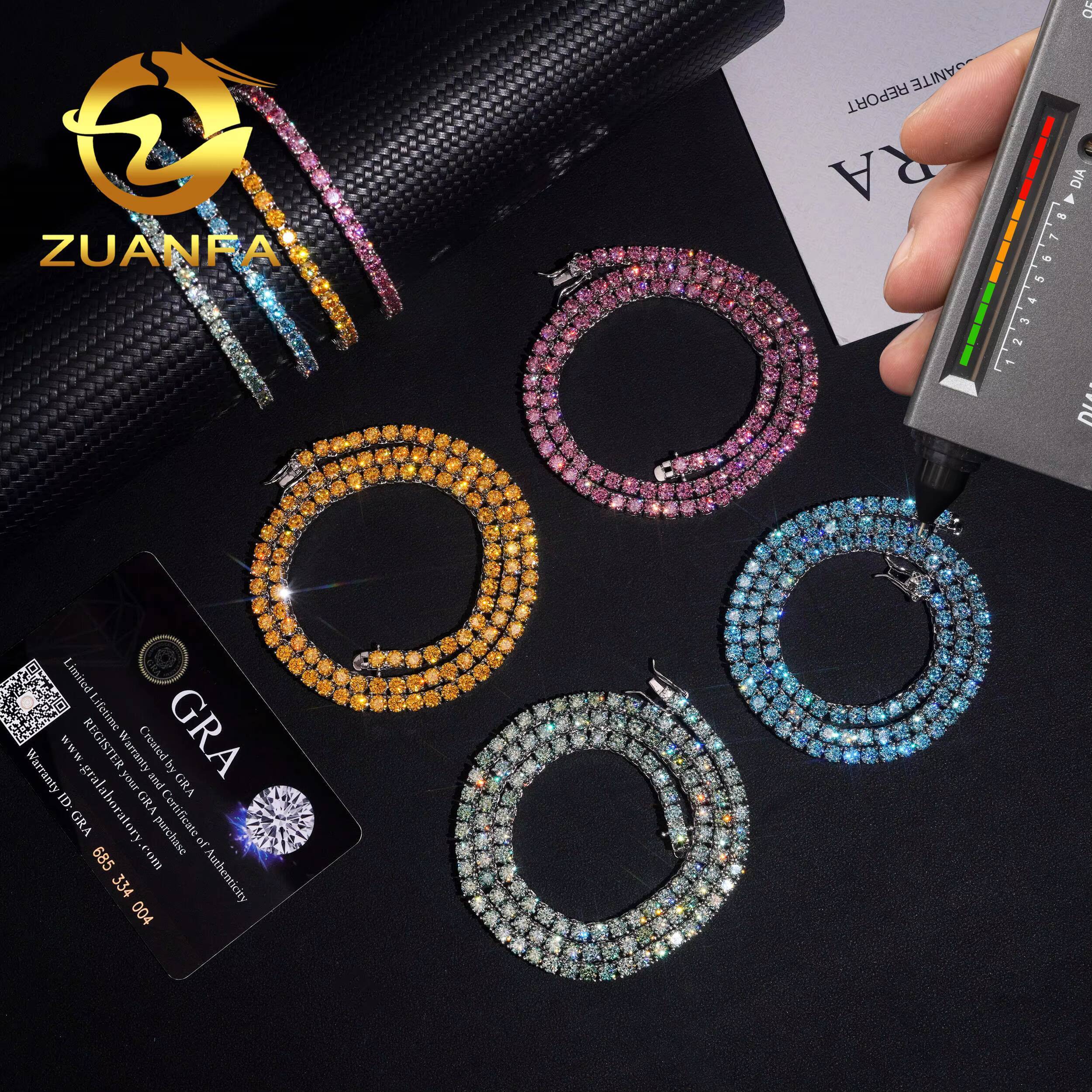 Color Moissanite 3mm 4mm 925 Silver Moissanite Tennis Chain Bracelet Fashion Hip Hop Jewelry Iced Out Tennis Necklace