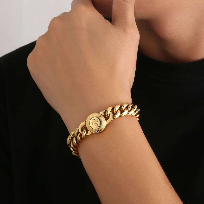 Easter Faith Gift Cross Lion Compass Anti-Tarnish Jewelry Gold-Plated sterling silver Men's Miami Cuban Chain Link Bracelet