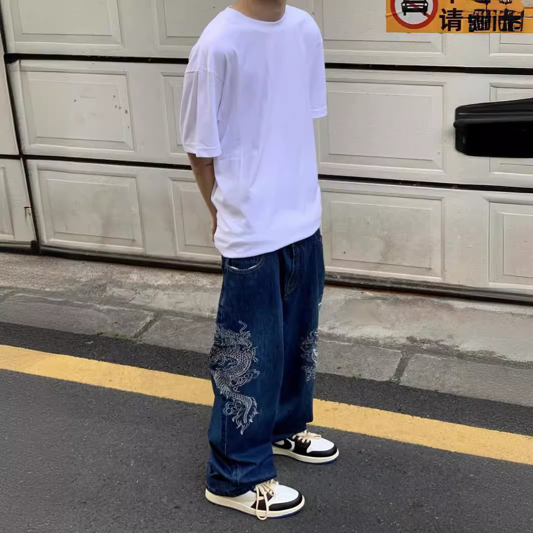 Embroidered Dragon Totem Jeans Hip Hop Baggy Jeans Streetwear Y2k Jeans Loose Wide Leg Denim High Quality 240913