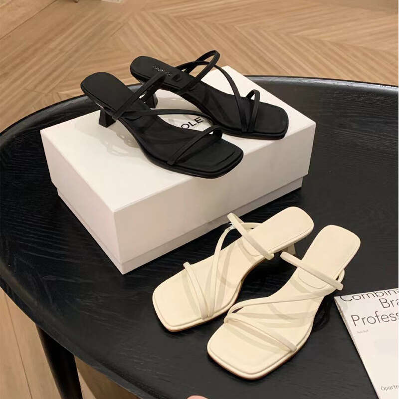 Grape Mom Island Evening Breeze~French Fine Belt Fairy Style Square Head Slim High Heel Sandals for Women to Wear Outside in Summer