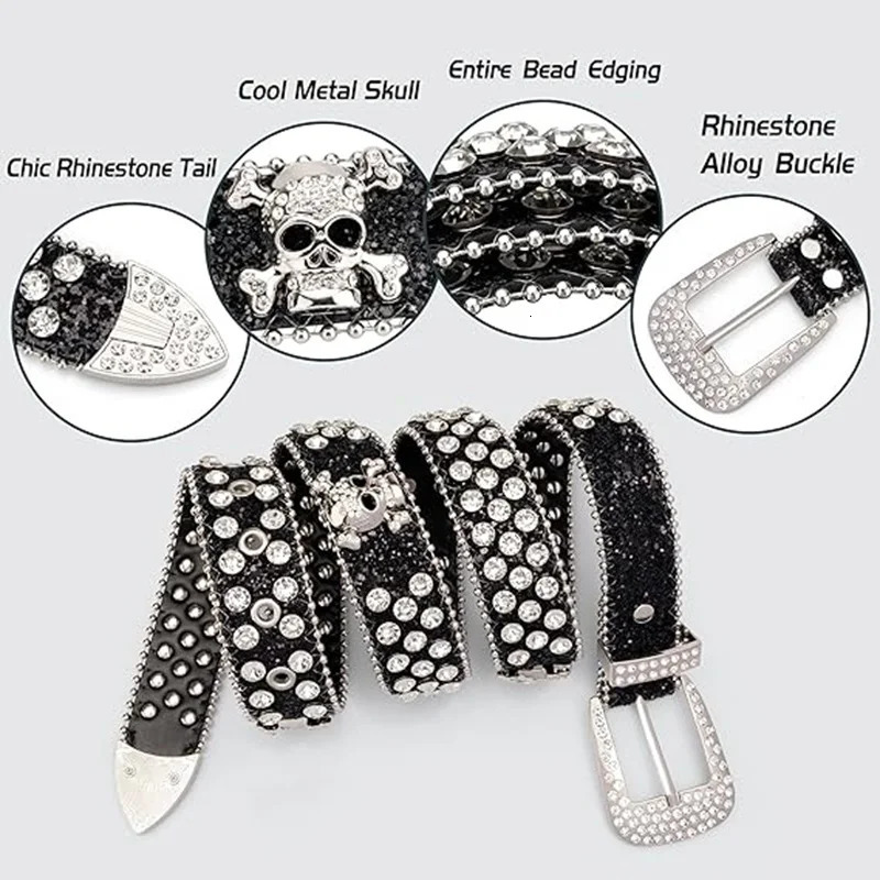 Rhinestone Belt Western Belts Y2k Cowboy Cowgirl Studded Belt Goth Emo Skull Sequin PU Belt for Women Jeans Pants Black and Red 250603