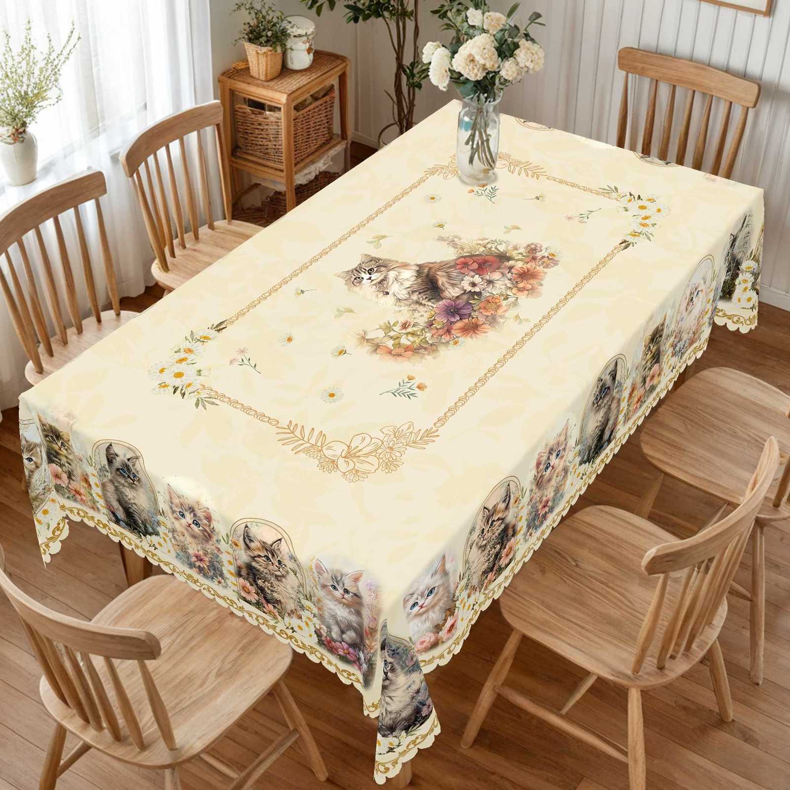 1 Piece of Spring Golden Retro Cat Print Round Tablecloth Cute Cat Flower Pattern Rectangular Decorative Tablecloth Party Decoration Home Kitchen C251