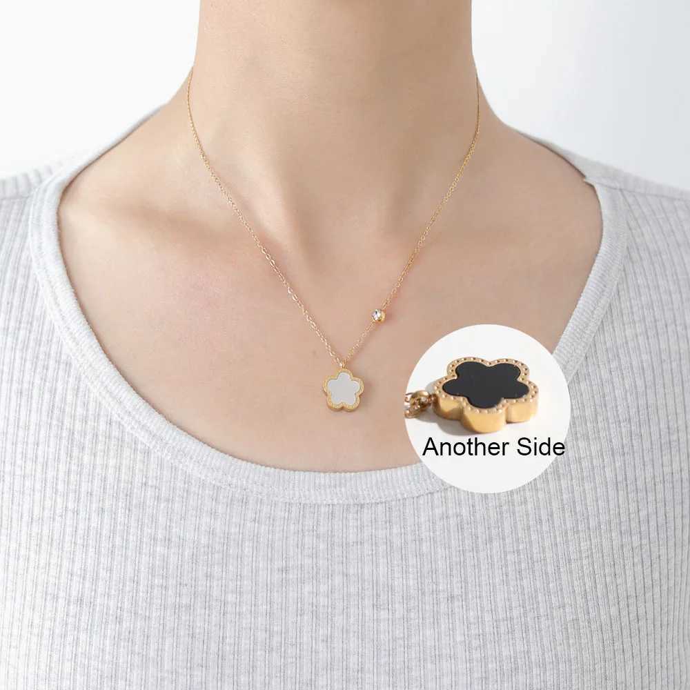 StainlESS Steel 18K Gold Plated Five Black White Green Red Double Side Color Flower Pendant Necklace For Women Jewelry J251122