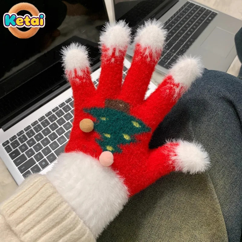 Snowflake Christmas Tree Gloves for Women in Winter with Exposed Fingers Touch Screen Fluffy Fur Students To Ride Bicycles 251114