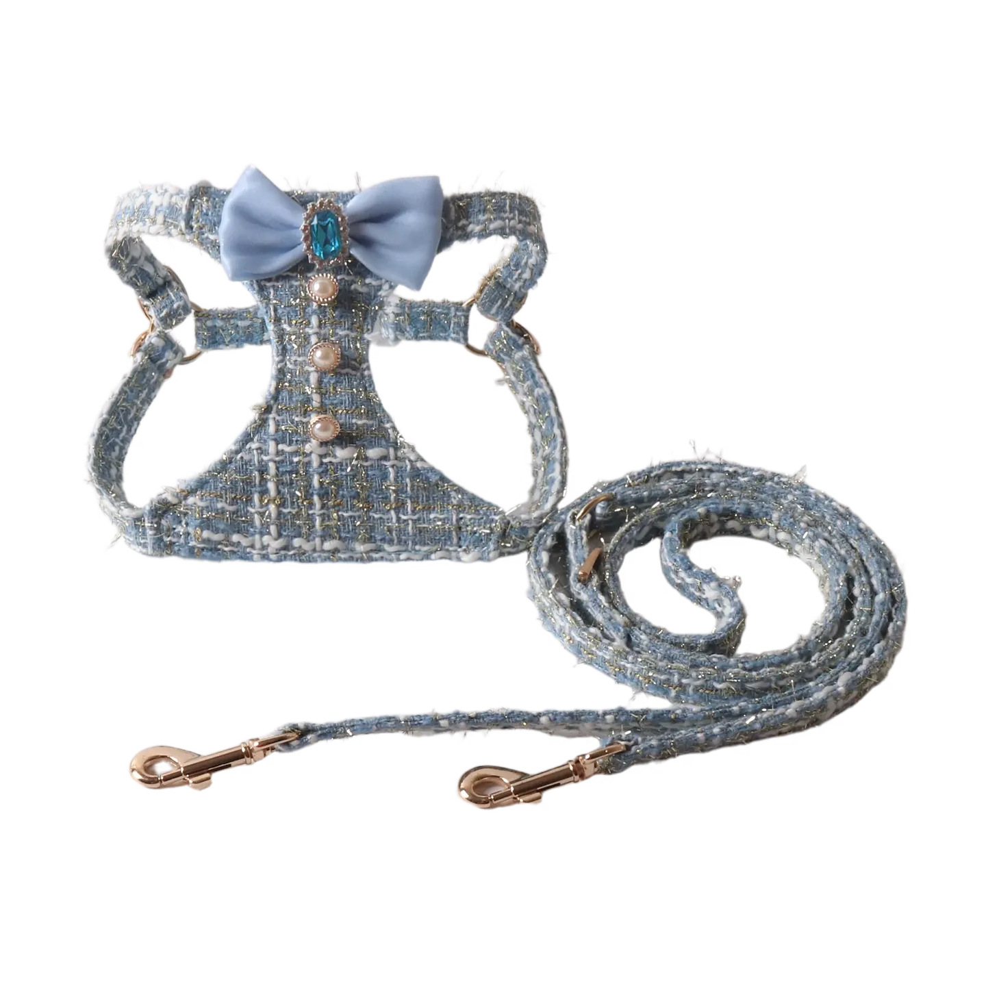 Luxury Tweed Bowknot Dog Harness and Leash Set, Pearl Button Dress Vest for Small Dogs Cats Pink Black Blue - view 8