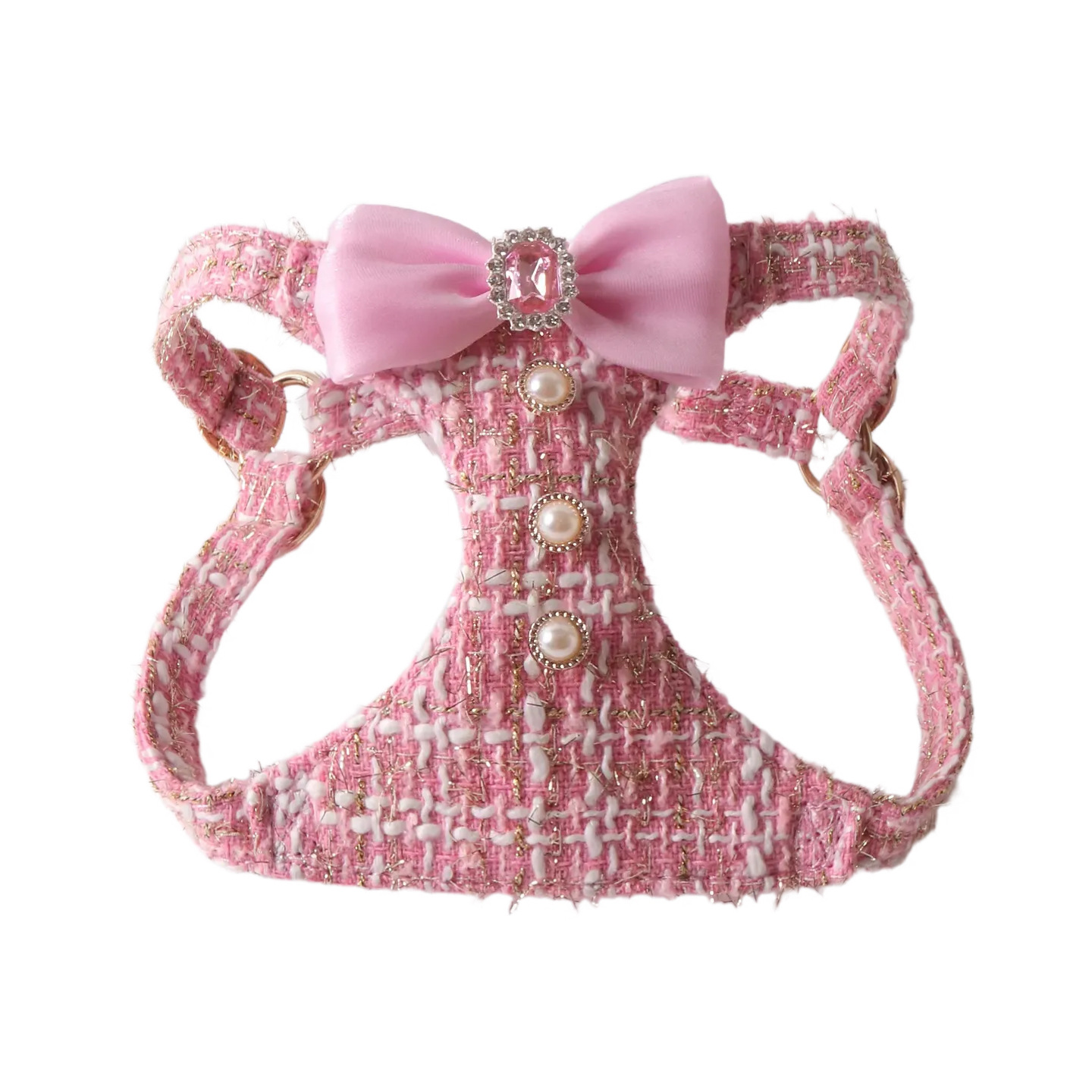 Luxury Tweed Bowknot Dog Harness and Leash Set, Pearl Button Dress Vest for Small Dogs Cats Pink Black Blue - view 9