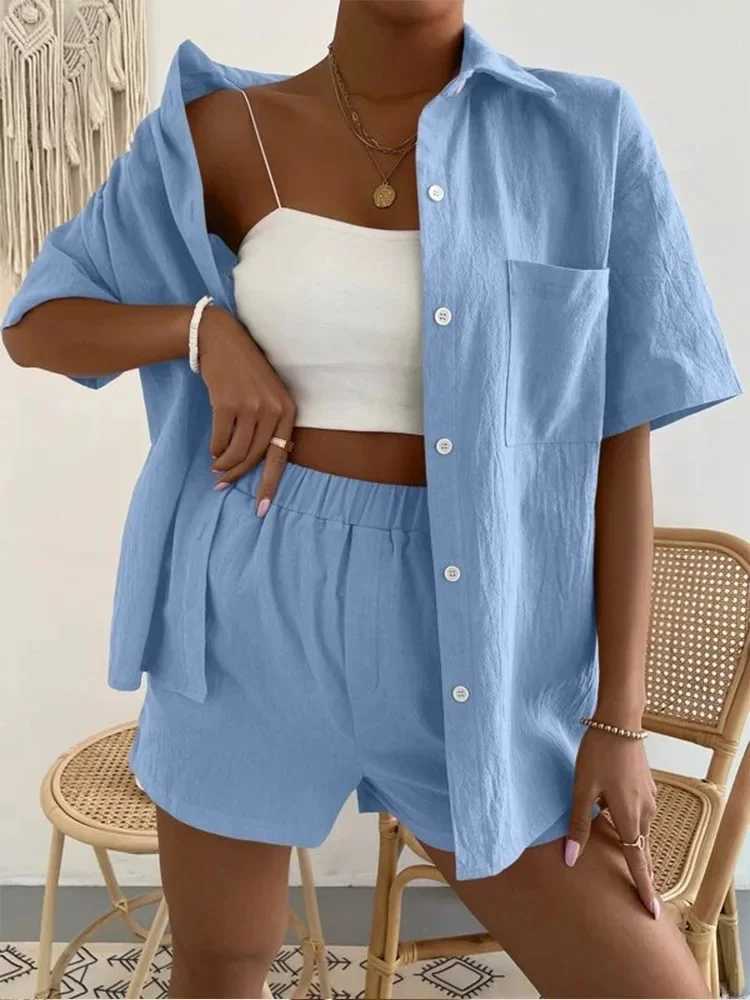 Cotton and linen two-piece womens summer casual jogging shirt top vacation shorts set beach setXJ250421