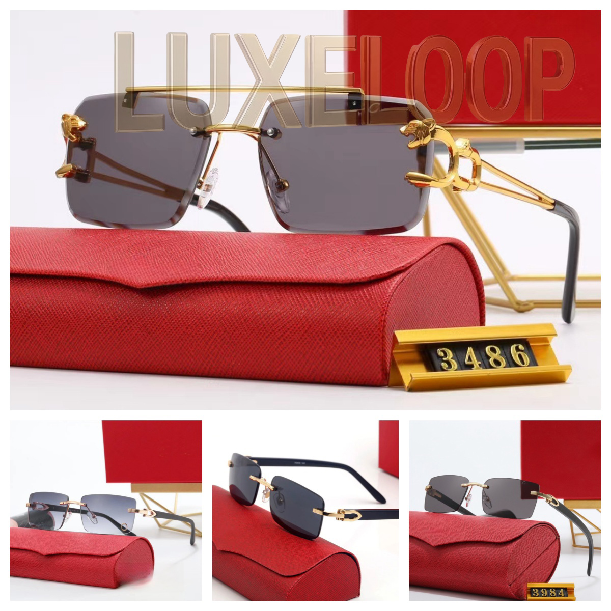 luxury Designer Sunglasses rimless car glasses eyeglasses lunette Fashion Wooden eyewear Big Square Gold Frame UV400 Beach Show square sunglass With case