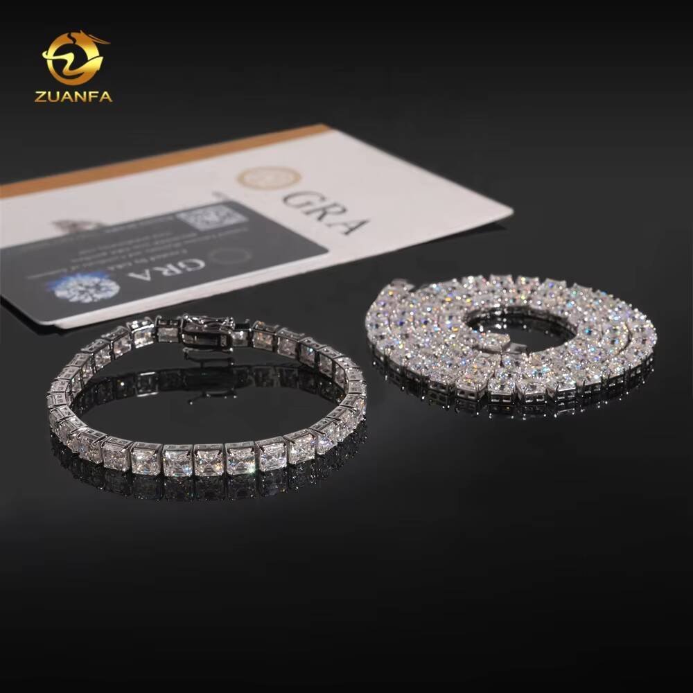 Hip Hop Jewelry High Quality VVS 925 Silver Asscher Cut 55MM 08CT Moissanite Tennis Chain Necklace