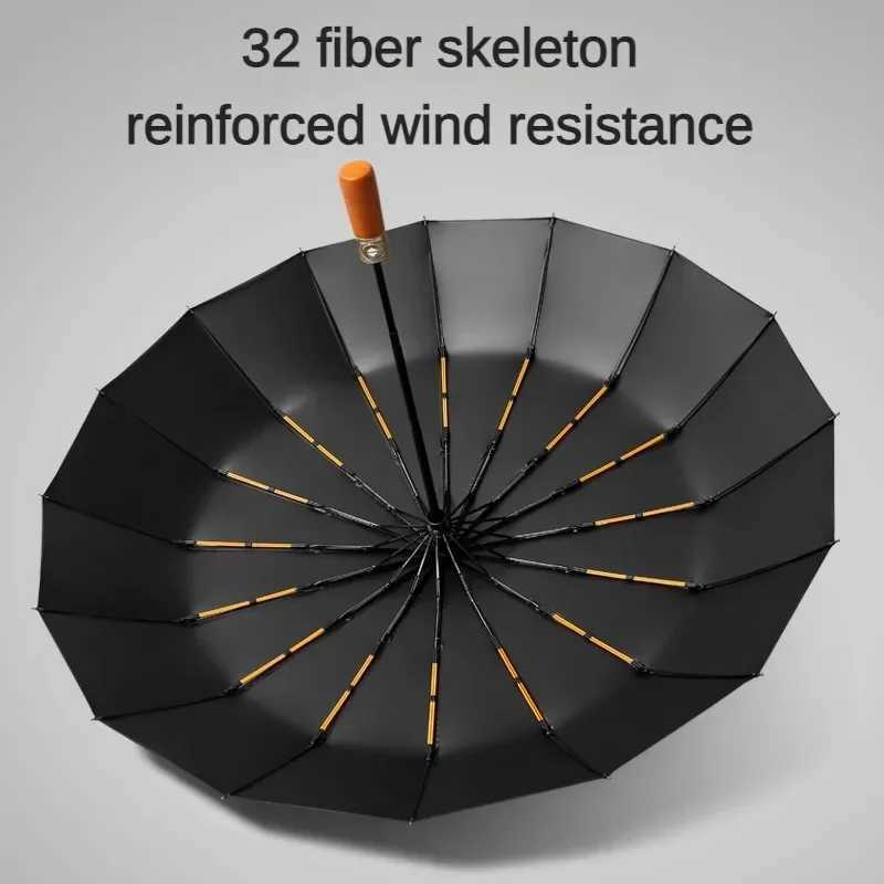 Windproof 32 Bone Business Umbrella for Men Fully Automatic Wooden Handle Large Folding Waterproof Sunshade Luxury UmbrellasM251122