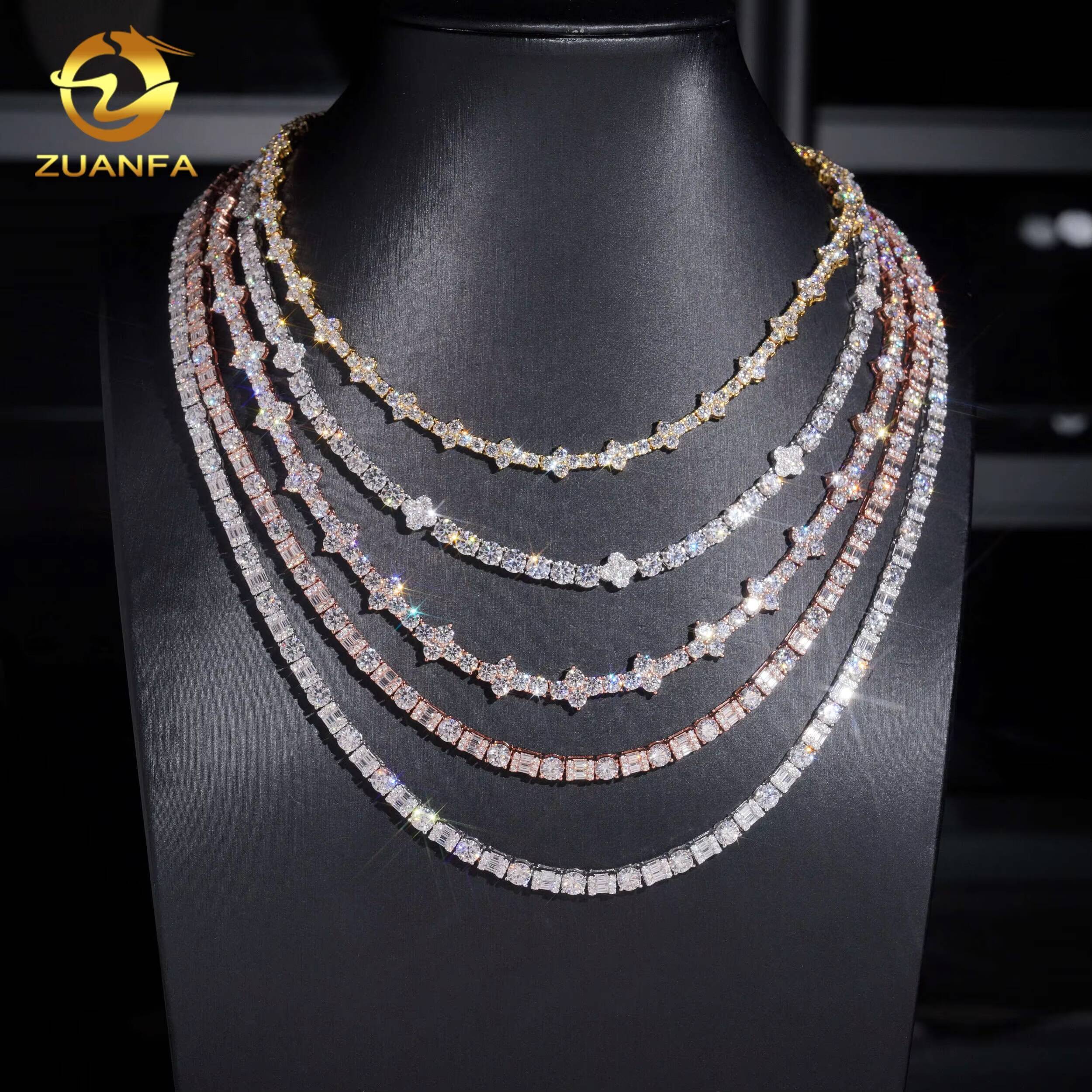 Hot Sale High Quality Fashion Hip Hop Cross Clover 925 Silver Moissanite Tennis Chain Necklace