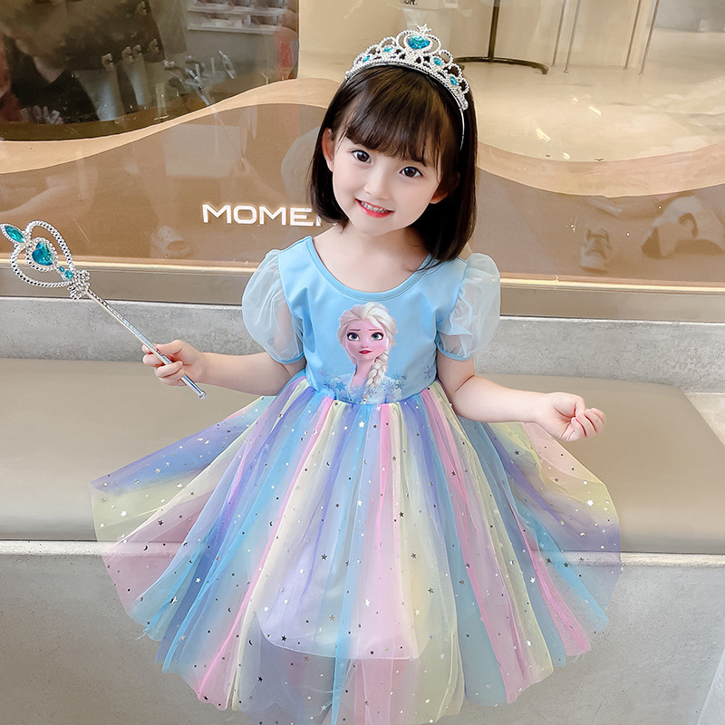 DISNEY Baby clothes kids designer clothes girls' dresses short-sleeved dress baby girls Elsa Princess baby girls summer rainbow mesh Summer Child