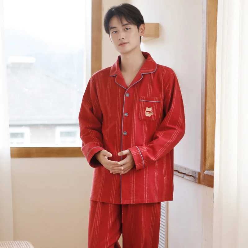 Autumn and winter couple pajamas red pure cotton brushed cartoon embroidery can be worn as casual cotton home clothesW251122 - view 3