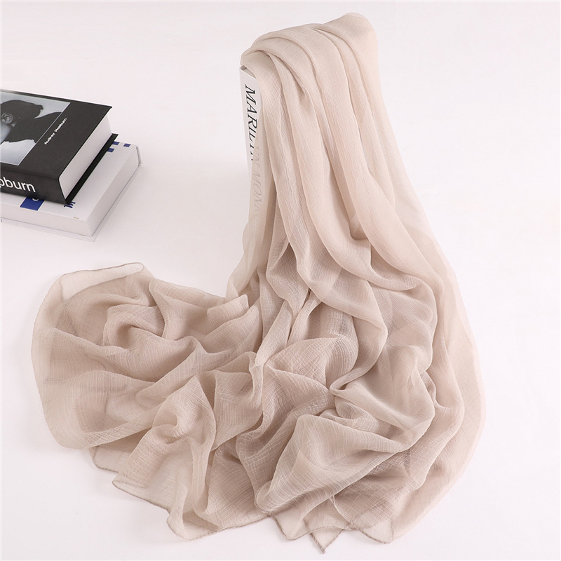 K500 Solid color silk scarf sun protection shawl versatile scarf imitation silk ladies holiday beach towel head scarf crocodile wrinkle thin