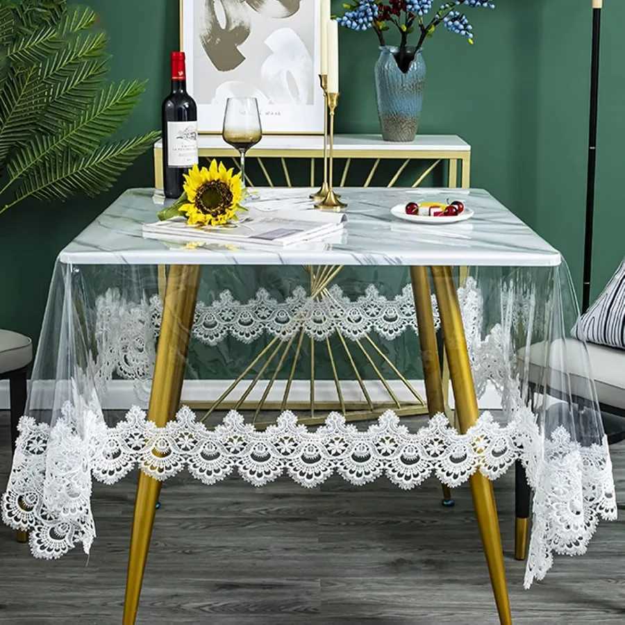 Plastic Clear Rectangle Tablecloth Vinyl PVC Waterproof Tablecloth Embroidered Lace Edge Transparent Table Cover for Kitchen Din C251122