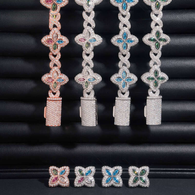 Hip-Hop Sier 18mm Wide Colorful Clover Chalcedony Bracelet with Earrings Iced Out Unisex Boutique Jewelry Set