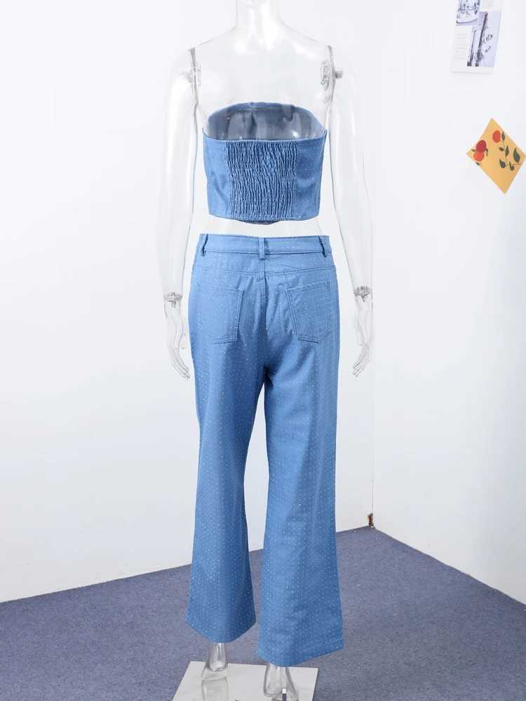 Sexy sequined denim vest pants set for womens Y2K solid sleeveless crop top waist zipper jeans 2025 fashionable street party setXJ250421
