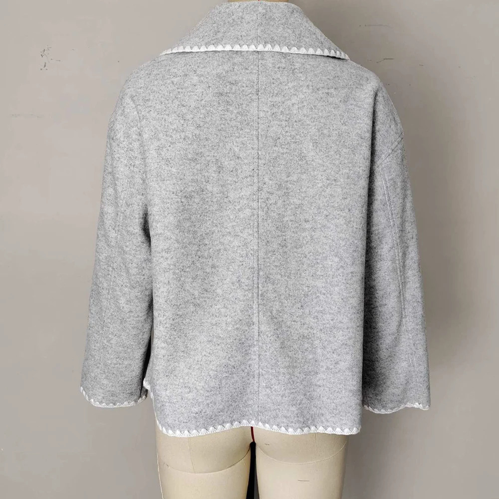 2025 Autumn Winter Gray Plush Cropped Jacket Women Casual Warm Turn down Collar Short Coat Lady Solid Thick Button Cardigan 251112