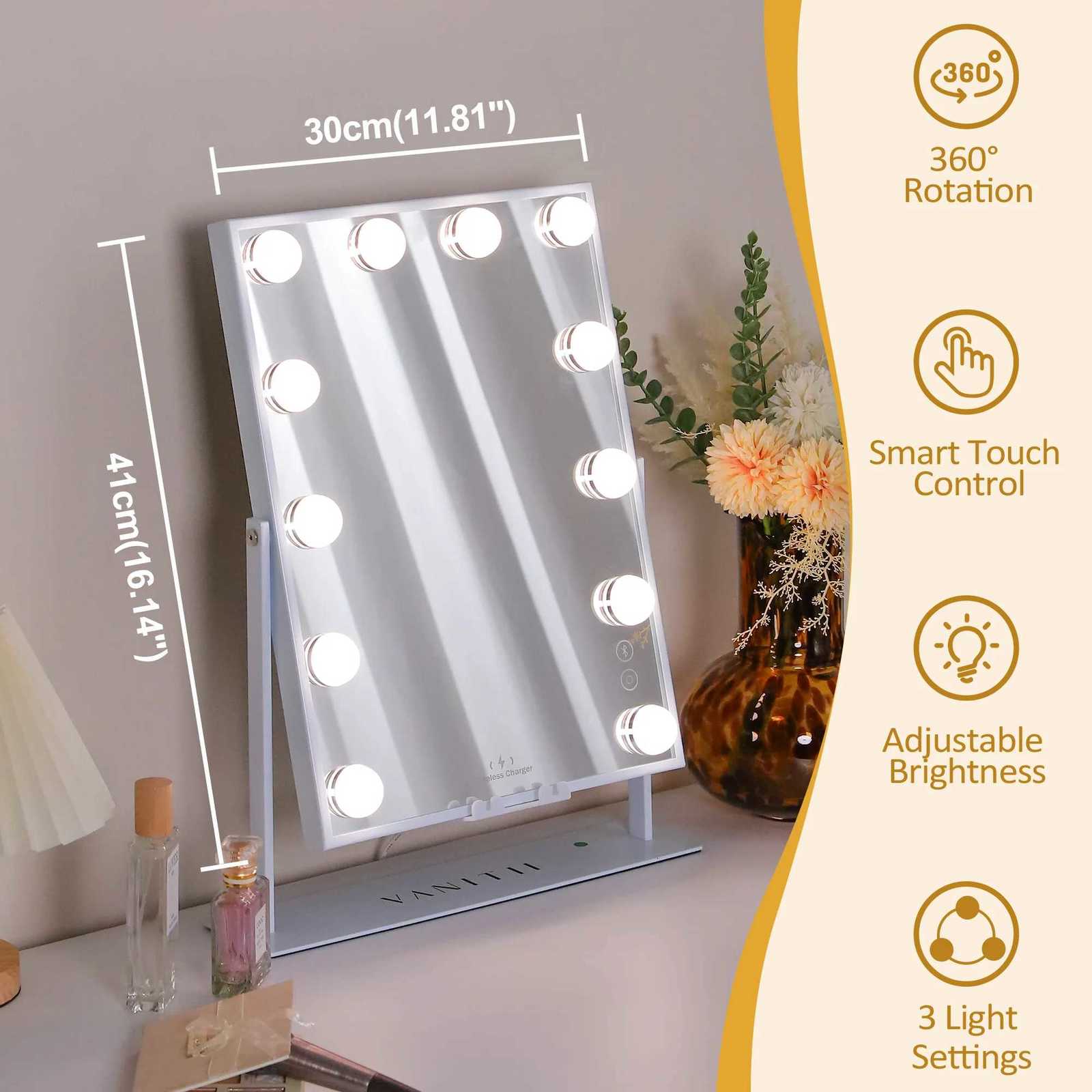FENCHILIN White Vanity Mirror with Lights Wireless Charger Bluetooth Speaker Hollywood Makeup Mirror with 12 Dimmable Bulbs M251122