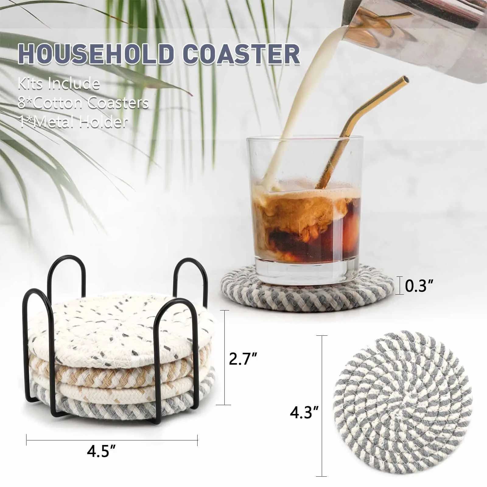 8Pcs Cup Coasters for Drinks Absorbent Woven Coaster Set with Holder Farmhouse Cloth Fabric Cup Coasters for Coffee Tea C251122