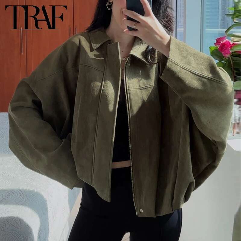 TRAF Women's Bomber Lapel Long Sleeve Zipper Suede Jacket Women 2025 High Street Cropped Racing Jackets Coats Outerwears