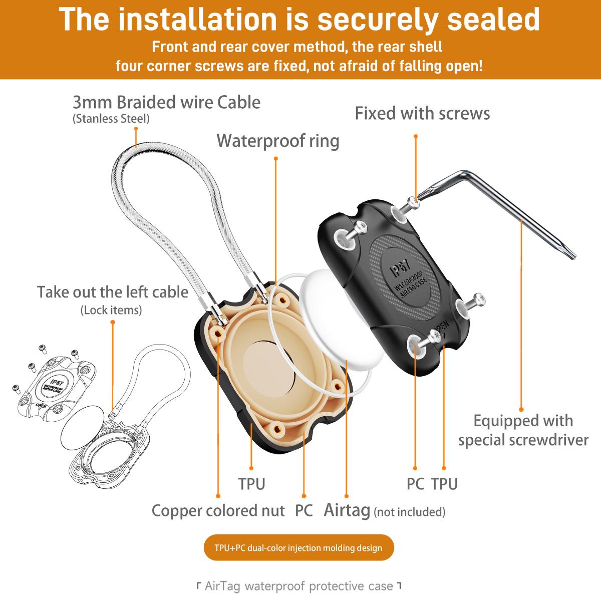 Waterproof Airtag protective case cover for Apple AirTag anti-lost device, wire rope lock, schoolbag lock, suitcase.
