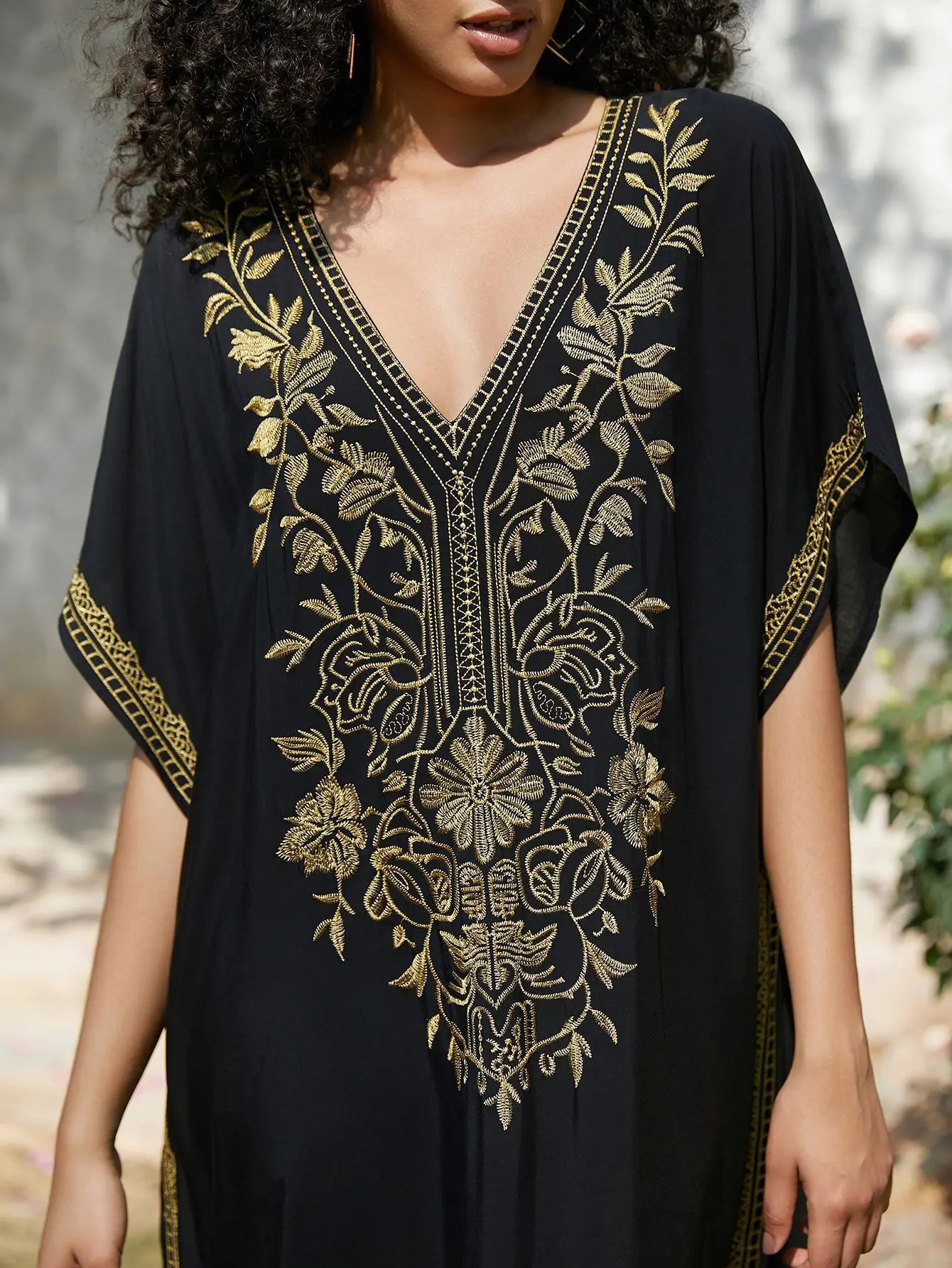 Golden embroidery long Kaftan dress Vneck beach coat womens 250415Z