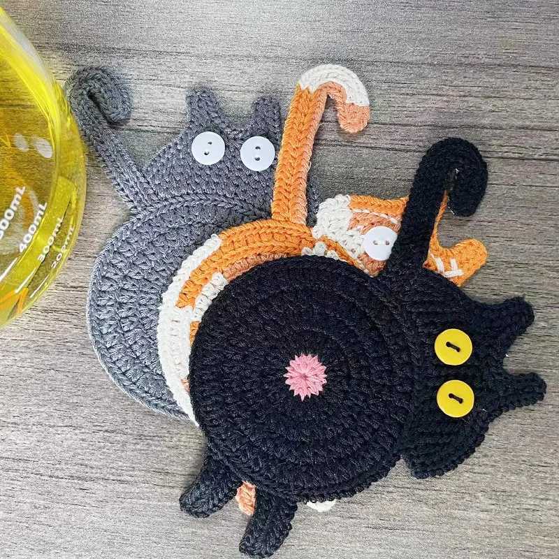 Silky Soft Knitted Cat Butt Coaster Set Funny Animal Design Absorbent Cute Coffee Mug Mat for Home Decor Gift for Cat Lovers C251122