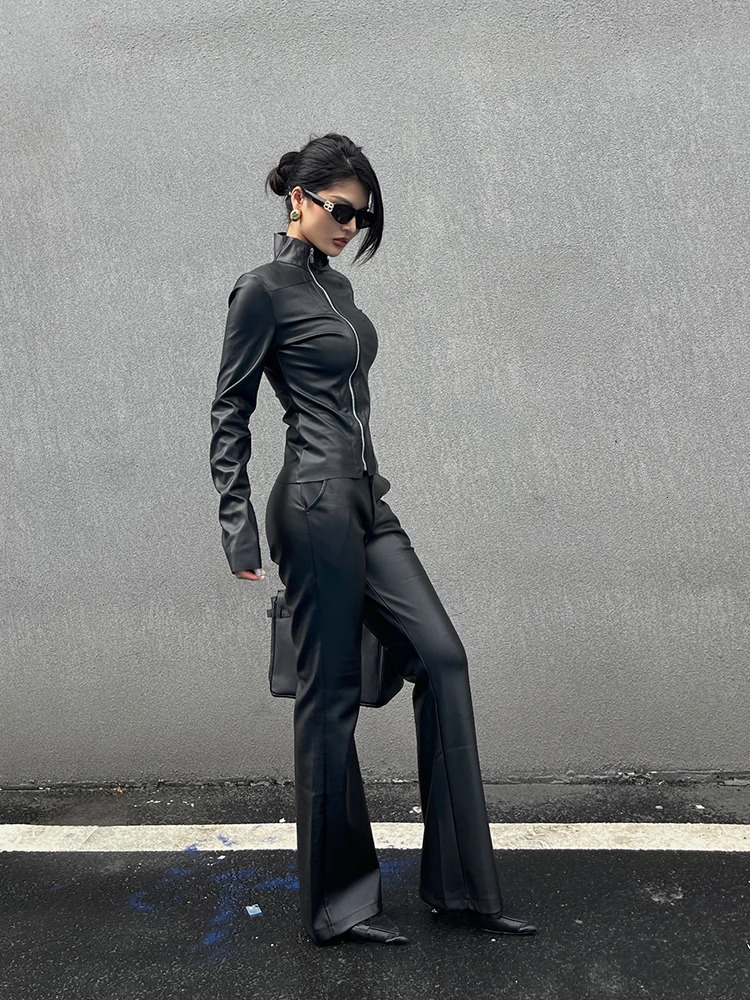 Black Spicy Girl PU Leather Jacket Womens 2024 Autumn Slim Zipper Long Sleeve Cardigan Top Suede Fashion BRQ8 251114