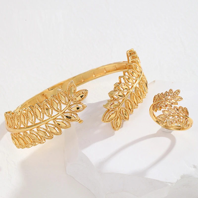 Copper Plating Gold Bracelet Ring Saudi Trendy Bangle Bracelet for Bridal Leaves n Cuff Bracelet Arabic Jewelry 250415